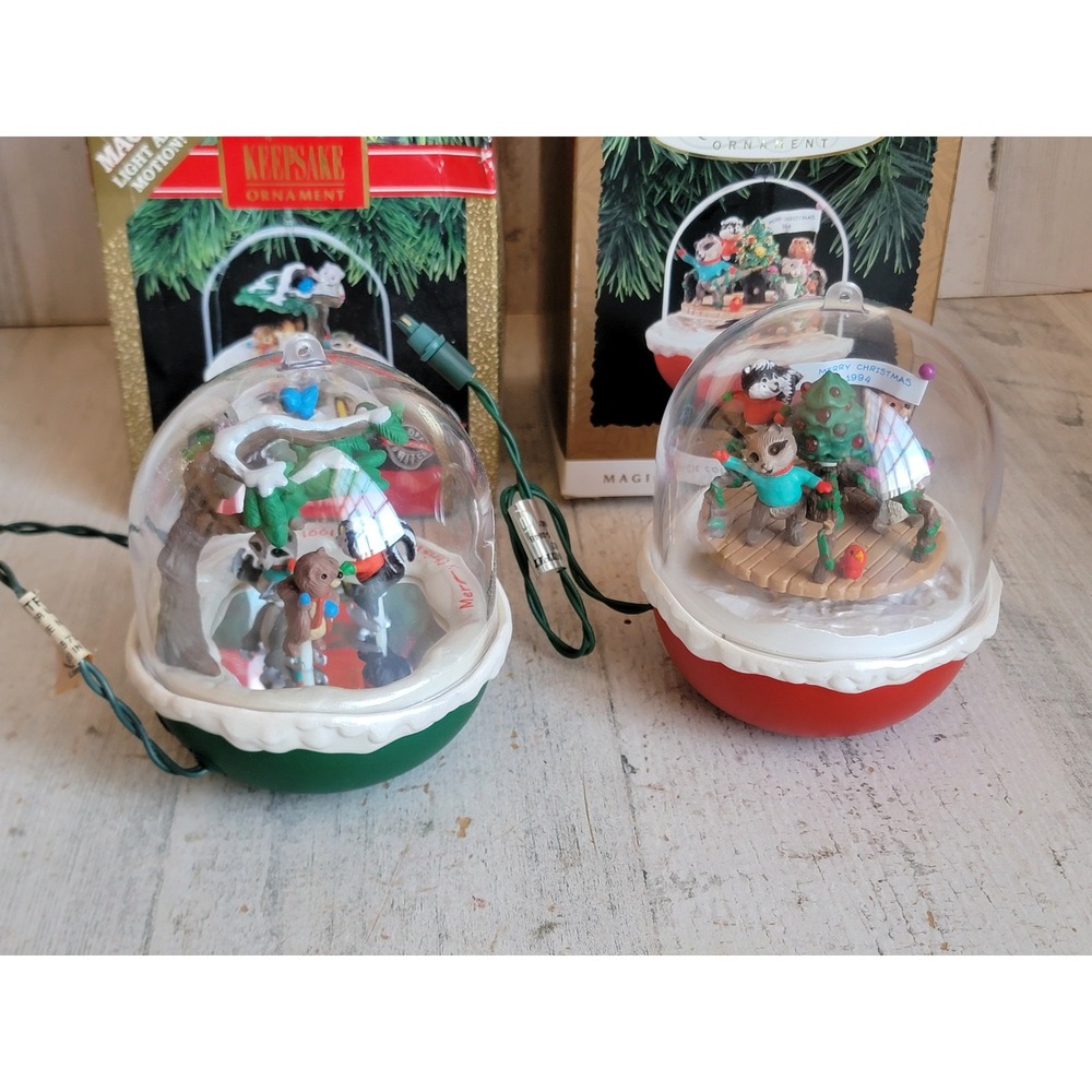 Hallmark vintage forest frolics light motion ornament Xmas set animal